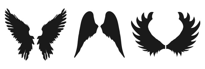 Three pairs of stylized wings and angel wings isolated on white background isolated on transparent background
