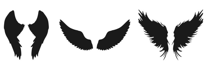Three styles of silhouette wings isolated on transparent background isolated on white background