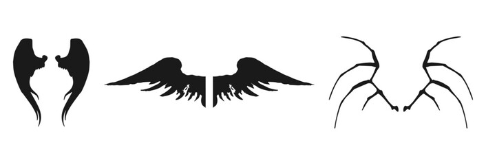 Three pairs of wings silhouettes including angel wings and demon wings isolated on white background isolated on transparent background
