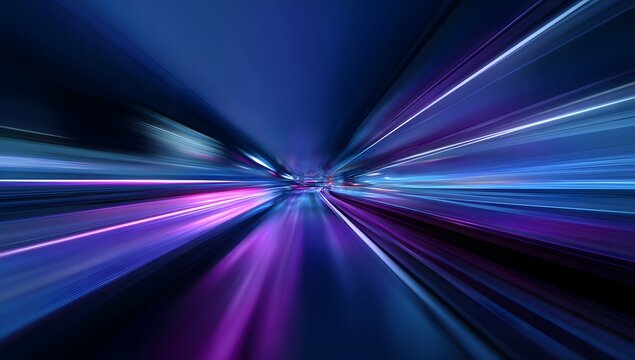 Abstract streaks of vibrant blue and purple light blur into a dynamic tunnel effect suggesting rapid motion and futuristic travel