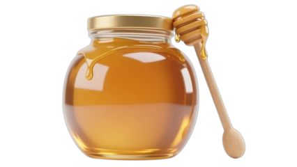 Sweet organic golden liquid honey in a glass jar with a wooden spoon on a white background