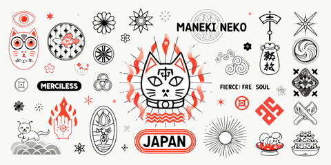 Collection of japanese inspired illustrations featuring maneki neko cats and traditional symbols