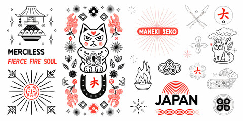 Japanese inspired graphic design elements with lucky cat sun fire and traditional symbols