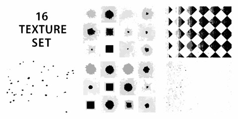 Collection of 16 black and white grunge textures and patterns for graphic design