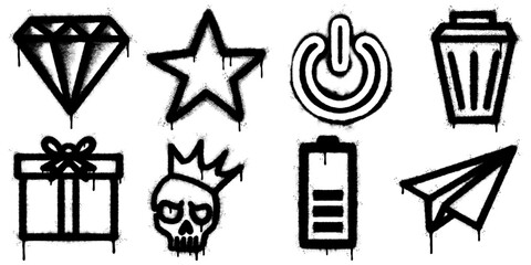 collection of black graffiti style icons created with spray paint effect, featuring a diamond, star, power button, trash bin, gift box, skull with crown, battery, and paper airplane.