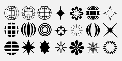 Collection of black geometric shapes and globe icons on a white background