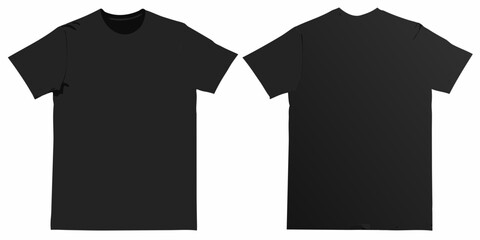 Front and back view of a plain black short sleeve t shirt on a white background