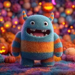 Furry blue and orange monster with horns smiling happily