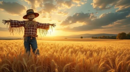 Fototapeta premium A scarecrow stands in a golden wheat field at sunset, surrounded by sprawling landscapes and dramatic clouds.