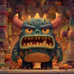 Angry monster with horns and sharp teeth in colorful room