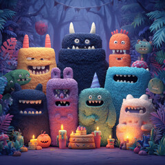 Cute colorful furry monster group celebrating birthday with cake