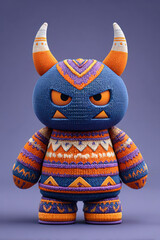 Knitted monster toy with orange horns and angry eyes colorful
