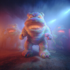 Colorful monster figure with glowing mouth in foggy room