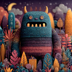 Colorful monster with horns in autumn forest with houses