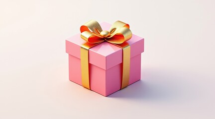 Obraz premium A charming pink gift box adorned with a shiny golden bow, perfect for celebrations and special occasions.