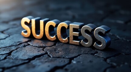 A bold, metallic word "SUCCESS" stands prominently on a cracked surface, symbolizing achievement and resilience.