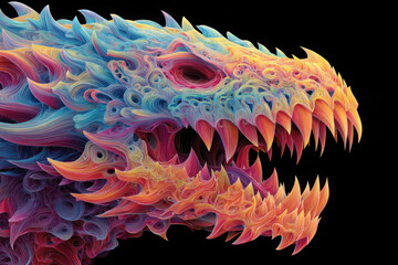 Colorful dragon head with sharp teeth in digital art