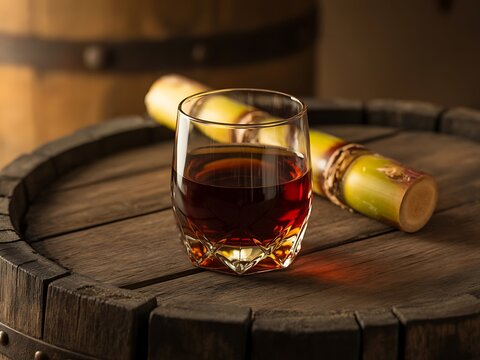 Rich and moody beverage shot of a glass of dark rum resting on an old oak barrel with fresh sugarcane, representing the art of distillation.