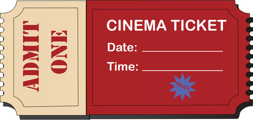 Vintage cinema ticket illustration in beige and red colors with admit one text and classic retro design