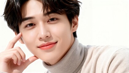 優しく微笑むタートルネックの若い男性