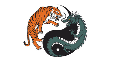 Dynamic yin yang symbol featuring a fierce tiger and majestic dragon in symbolic combat for balance and harmony isolated on white background