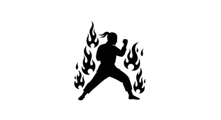 Dynamic silhouette of a martial artist in fierce combat stance surrounded by energetic flames symbolizing power and passion isolated on white background