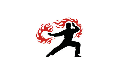 Obraz premium Martial arts silhouette warrior with fiery energy flowing from hands dynamic action pose performing powerful combat technique representing strength and discipline isolated on white background