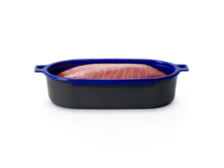 Isolated product shot of a grey and blue meal prep container with fresh raw meat inside.