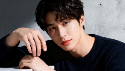 テーブルでポーズをとるクールな若い男性