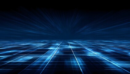 Expansive digital grid landscape with glowing blue lines creating a futuristic network of data streams and connections