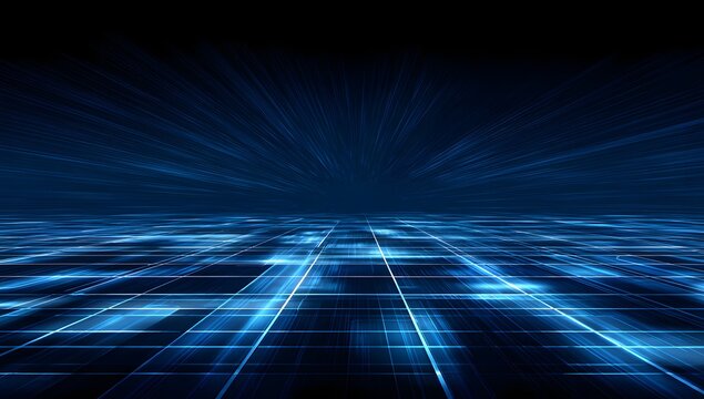 Expansive digital grid landscape with glowing blue lines creating a futuristic network of data streams and connections