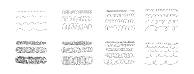Scribble line set with doodle strokes, waves, zigzags and loops. Hand drawn abstract sketch borders and decorative elements in pencil style for frame, pattern, template, banner and design projects