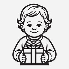 Obraz premium Adorable child in black and white holding a gift box with a bow