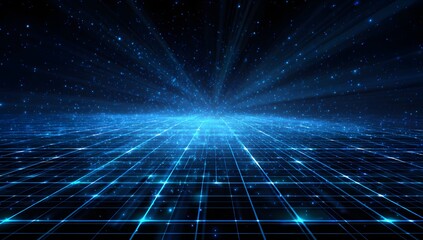 Abstract digital grid with glowing blue lines and bright light emanating from the horizon in a dark cosmic expanse