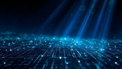 Abstract digital network illuminated by ethereal blue light beams creating a futuristic technological landscape with glowing nodes and intricate patterns