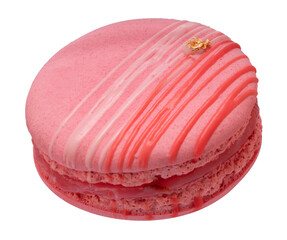 Luxury Red strawberry macaron with gold leaf topping. Elegant French dessert with glossy filling and icing drizzle isolate on white background with clipping path. Premium sweet bakery concept.