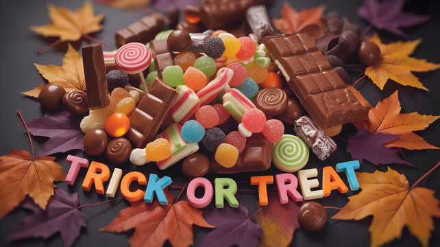 A vibrant assortment of halloween candies, including lollipops, gummy candies, and chocolate bars, arranged with colorful trick or treat letters and autumn leaves on a dark background, creating a fest