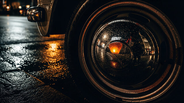 Fototapeta Diwali Lantern Reflections on Vintage Car Wheel at Rainy Night