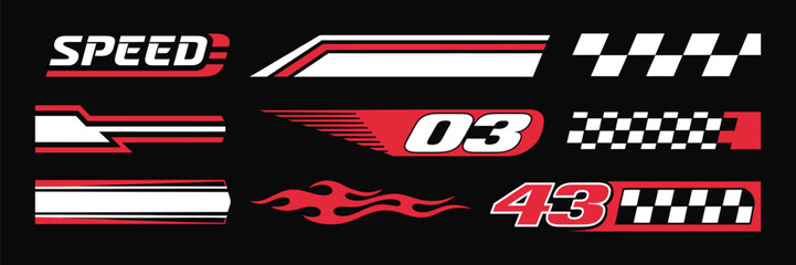 Motorsport Racing Graphics Collection,  Includes race car stripes, checkered flag icons, dynamic lines, sport decals, motocross labels, tuning stickers, and speed design elements for car wraps and bra