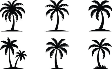 Obraz premium Collection of Black Palm Tree Silhouettes on White Background Vector Design