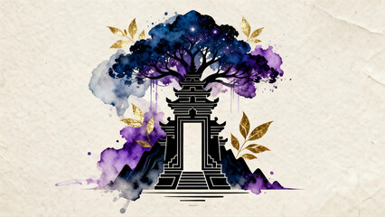 Rooted in geometric precision, this Gunungan stands as the Cosmic Axis and the sacred gate to eternal life. From its solid core, spiritual energy flows in watercolor washes of indigo and purple, illum