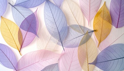 Obraz premium Translucent multicolor leaves overlapping on light background, delicate and ethereal.