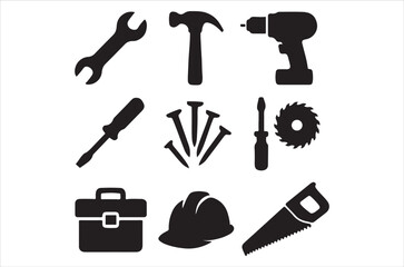 Obraz premium Essential construction tools wrench hammer drill nails and safety equipment silhouette, Art & Illustration