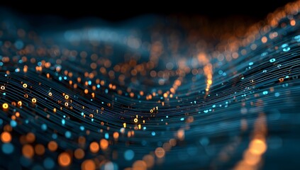 Abstract digital network visualization featuring glowing interconnected nodes and flowing data streams in a dark futuristic environment