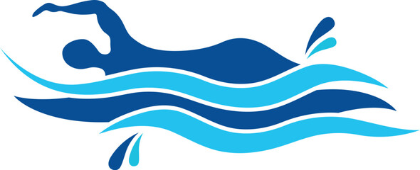 Simple Blue Swimming logo silhouette Sea Ocean Water Wave Logo design, Swimming logo vector, Blue swimming logo with abstract silhouette, swimming person vector for swimming sport athlete logo design