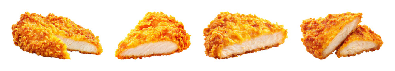 Crispy golden fried chicken tender cuts, showing juicy white interior, perfect for fast food and restaurant promotion PNG set with transparent background