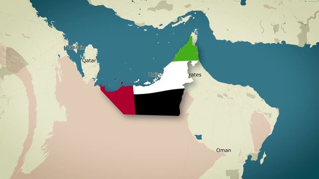 Map of United Arab Emirates, United Arab Emirates - Map Animation - United Arab Emirates from World Map with flag - Vox Map Style - Emirates of UAE - Infographic & Documentary Ready - 4K