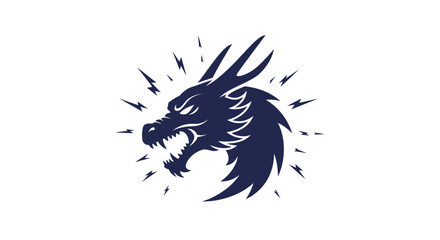 Fierce dark blue dragon head with sharp teeth and radiating energy lines symbol on a for fantasy or gaming isolated on white background