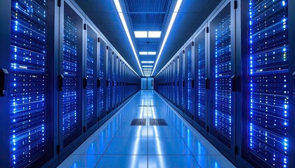 Fototapeta premium Futuristic Server Room Corridor Illuminated by Blue LED Lights and Server Racks Reflecting Light on a Glossy Floor