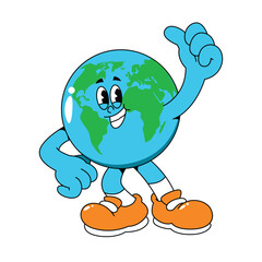 Cartoon Earth Character with Groovy Style and Happy Expression Illustration